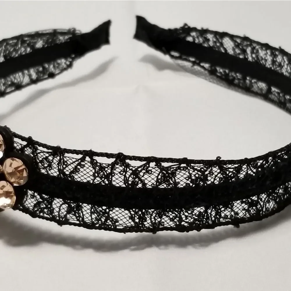 Champagne Pink Crystals Leaf Black Lace Hairband